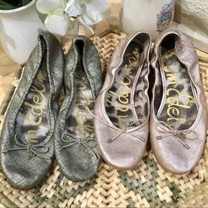 2 pairs Sam Edelman Felicia flats size 6. Rose gold bow flats leather crosshatch